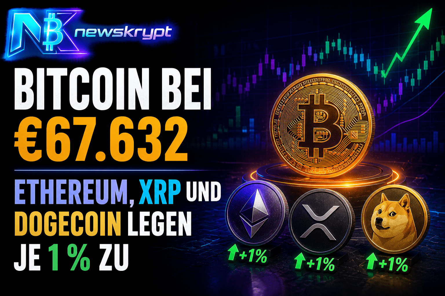 Bitcoin bei €67.632 –Ethereum, XRP und Dogecoin legen je 1 % zu