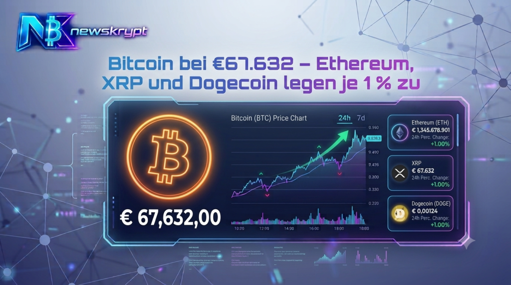 Bitcoin bei €67.632 –Ethereum, XRP und Dogecoin legen je 1 % zu